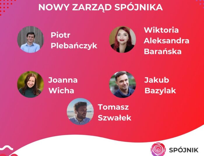 Nowy zarząd Spójnika: Wiktoria Aleksandra Barańska, Joanna Wicha, Piotr Plebańczyk, Tomasz Szwałek i Jakub Bazylak